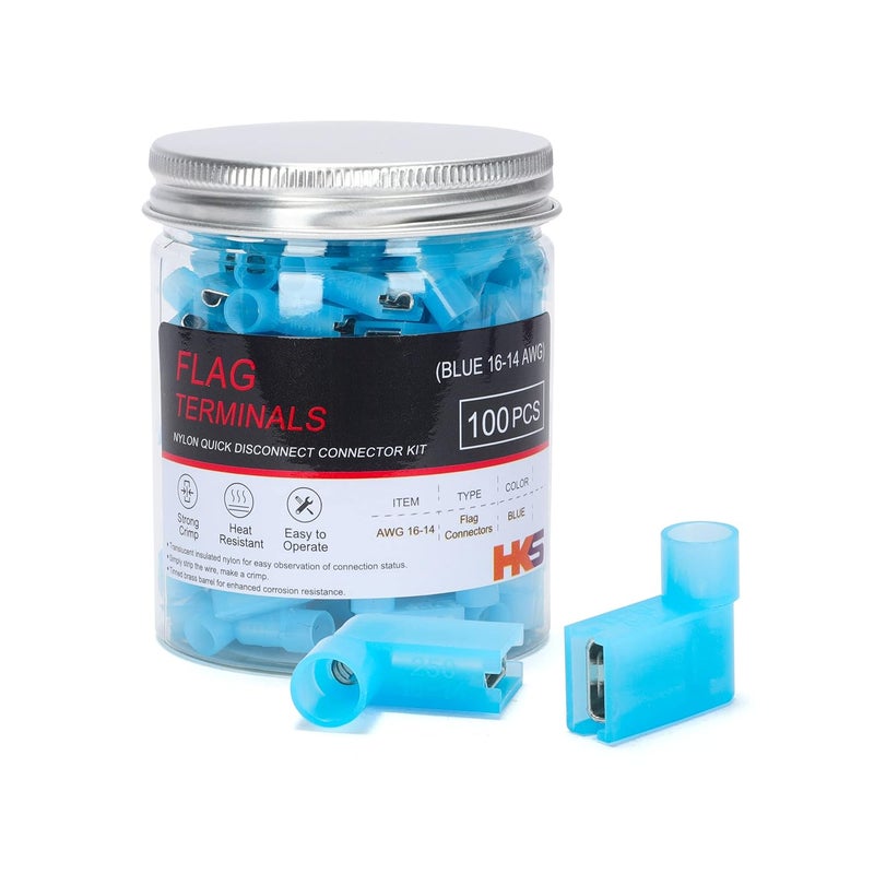 HK-S 100 قطعة من أطراف الأسلاك المسطحة الزاوية 90 درجة - أنثوية - زرقاء 16-14 AWG - موصل سلك سريع الفصل من النايلون - زاوية صحيحة - معزول بالضغط - Image 1